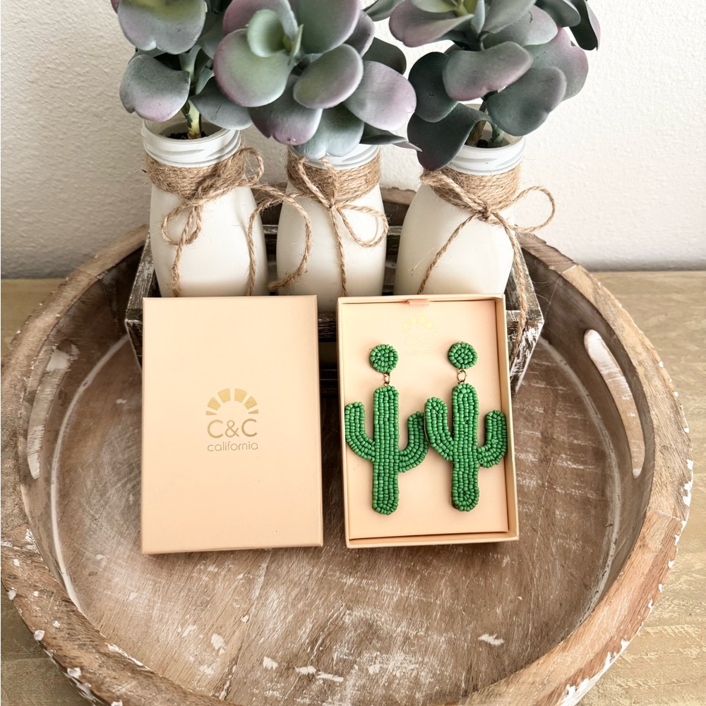 C&C California Vibrant Green Beaded Cactus Earrings - Picture 2 of 3